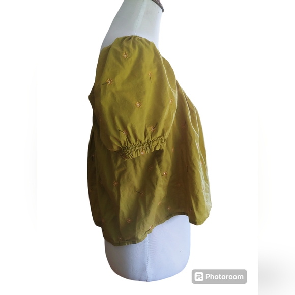 5/$25 Green Puff Sleeve Floral Embroidered Short Sleeve Cottagecore Top - Picture 2 of 7